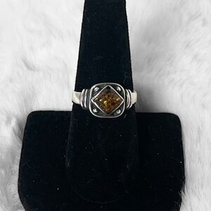 Silver .925 Ring with Cobochon Amber Stone Ring Size 8